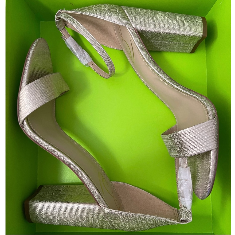 SAM EDELMAN Heels Yaro Ankle Strap Sandal Chunky Heel Jute Light Gold NIB - Picture 12 of 14